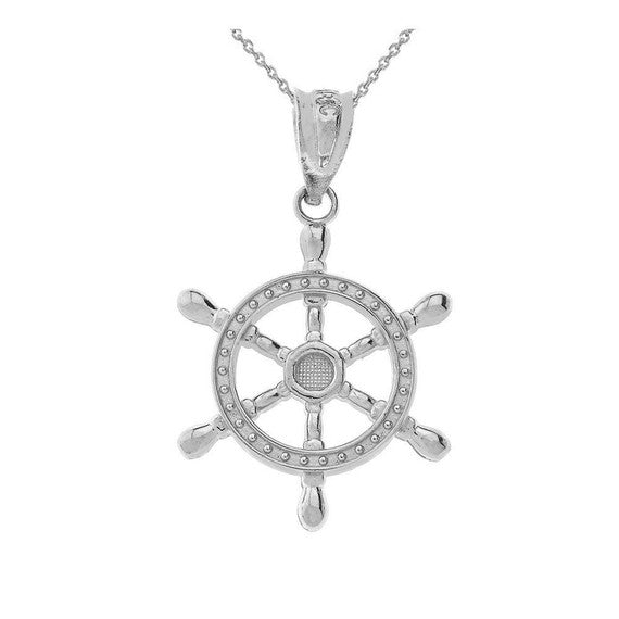 .925 Sterling Silver Nautical Ship Wheel Pendant Necklace