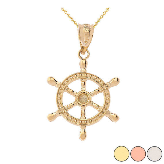 Gold Nautical Ship Wheel Pendant Necklace (Available in Yellow/Rose/White Gold )