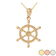 Gold Nautical Ship Wheel Pendant Necklace (Available in Yellow/Rose/White Gold )