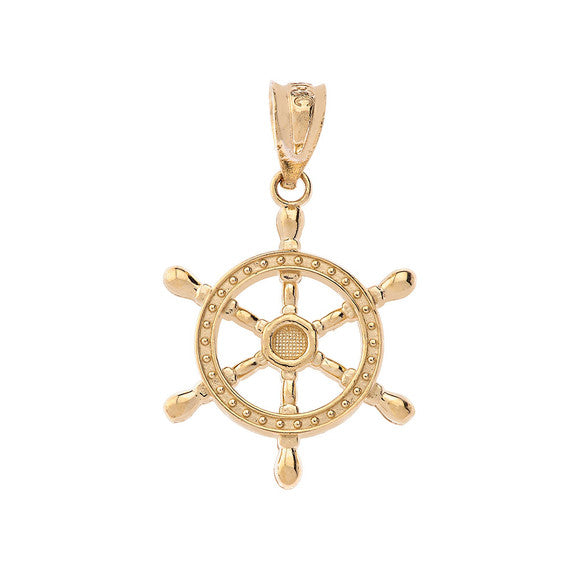 Gold Nautical Ship Wheel Pendant Necklace (Available in Yellow/Rose/White Gold )