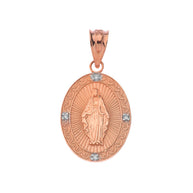 Mary Mother of Jesus Oval Diamond in Gold Pendant Necklace (Yellow/Rose/White)