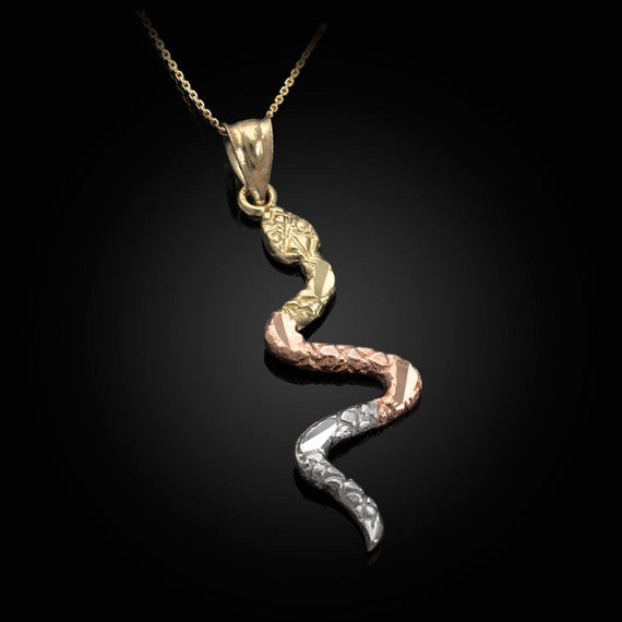 Solid Gold Serpent Snake Animal Charm Pendant Necklace (Available in Tri Tone/Two Tone Rose/White Gold)