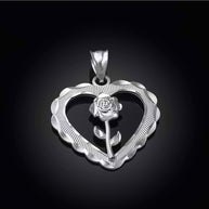 .925 Sterling Silver Diamond Cut Heart Flower Rose Pendant Necklace