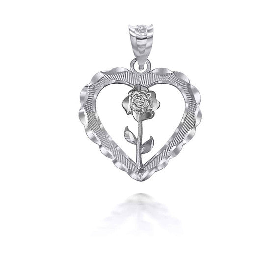 .925 Sterling Silver Diamond Cut Heart Flower Rose Pendant Necklace