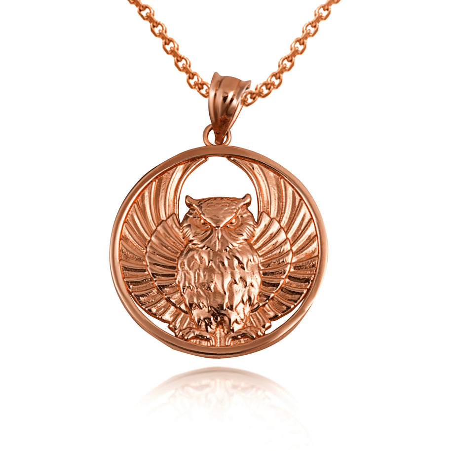 Gold Owl Medallion Pendant Necklace (Available in Yellow/Rose/White Gold)