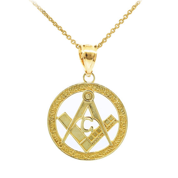 Solid Gold Freemason Square & Compass Round Filigree Pendant Necklace (1
