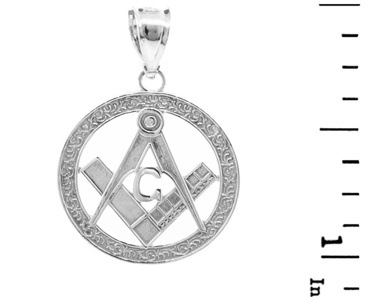 .925 Sterling Silver Freemason Square & Compass Round Filigree Pendant Necklace (1