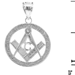 .925 Sterling Silver Freemason Square & Compass Round Filigree Pendant Necklace (1