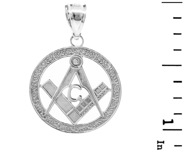 .925 Sterling Silver Freemason Square & Compass Round Filigree Pendant Necklace (1")