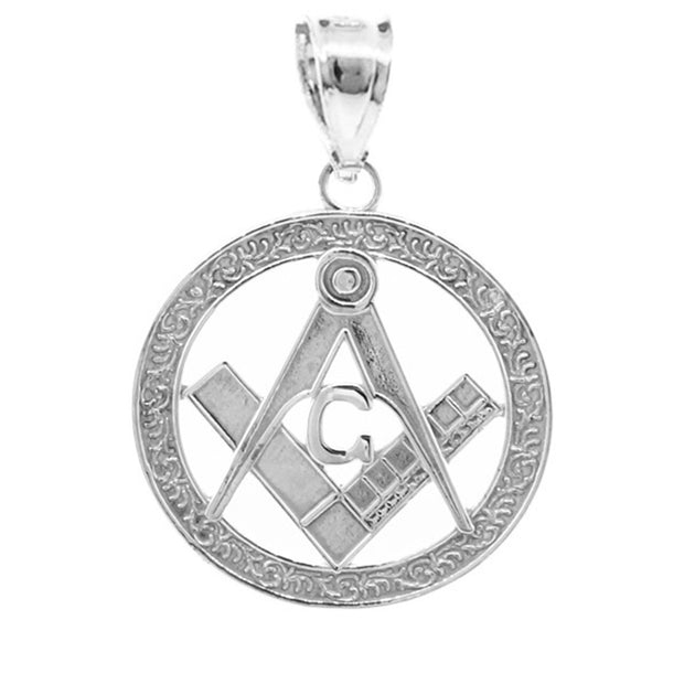 .925 Sterling Silver Freemason Square & Compass Round Filigree Pendant Necklace (1")