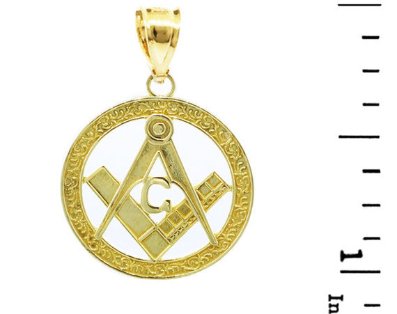 Solid Gold Freemason Square & Compass Round Filigree Pendant Necklace (1")(Available in Yellow/Rose/White Gold)