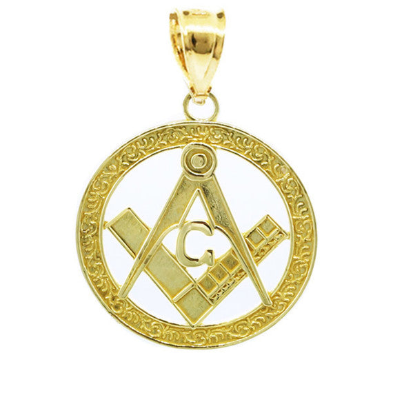 Solid Gold Freemason Square & Compass Round Filigree Pendant Necklace (1")(Available in Yellow/Rose/White Gold)