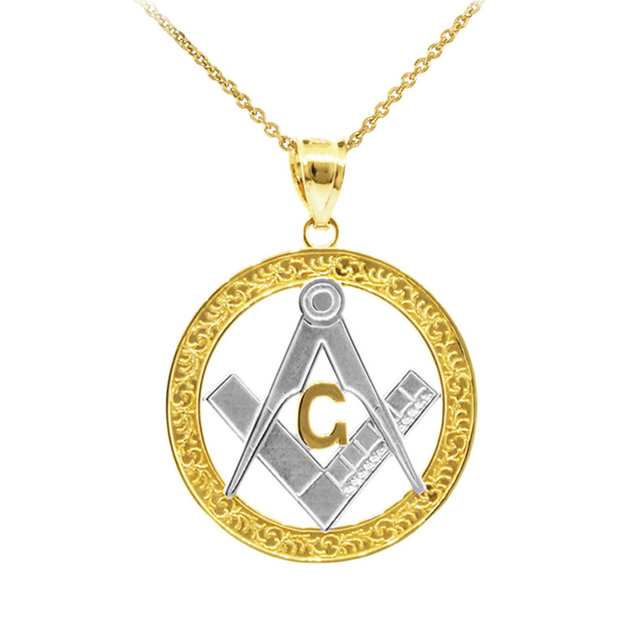 Gold Freemason Square & Compass Round Filigree Pendant Necklace (1.2