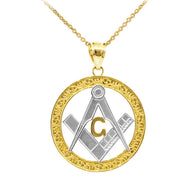 Gold Freemason Square & Compass Round Filigree Pendant Necklace (1.2
