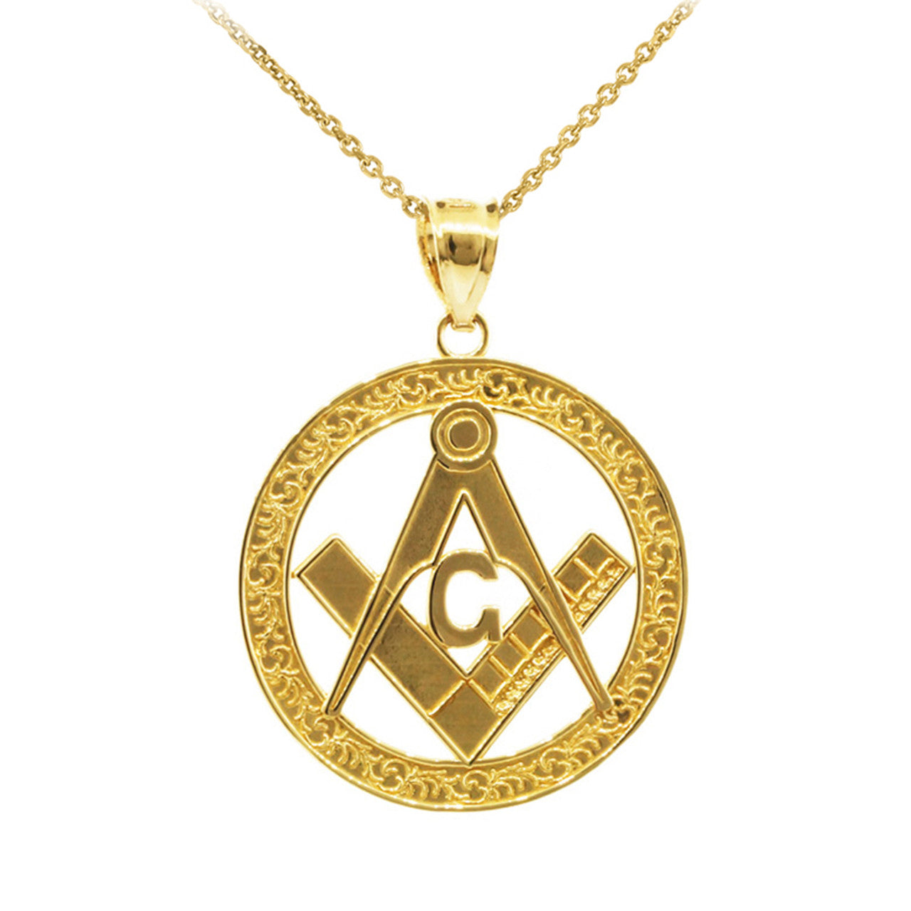 Gold Freemason Square & Compass Round Filigree Pendant Necklace (1.2