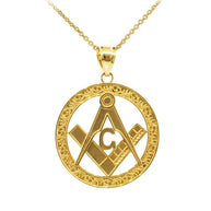 Gold Freemason Square & Compass Round Filigree Pendant Necklace (1.2