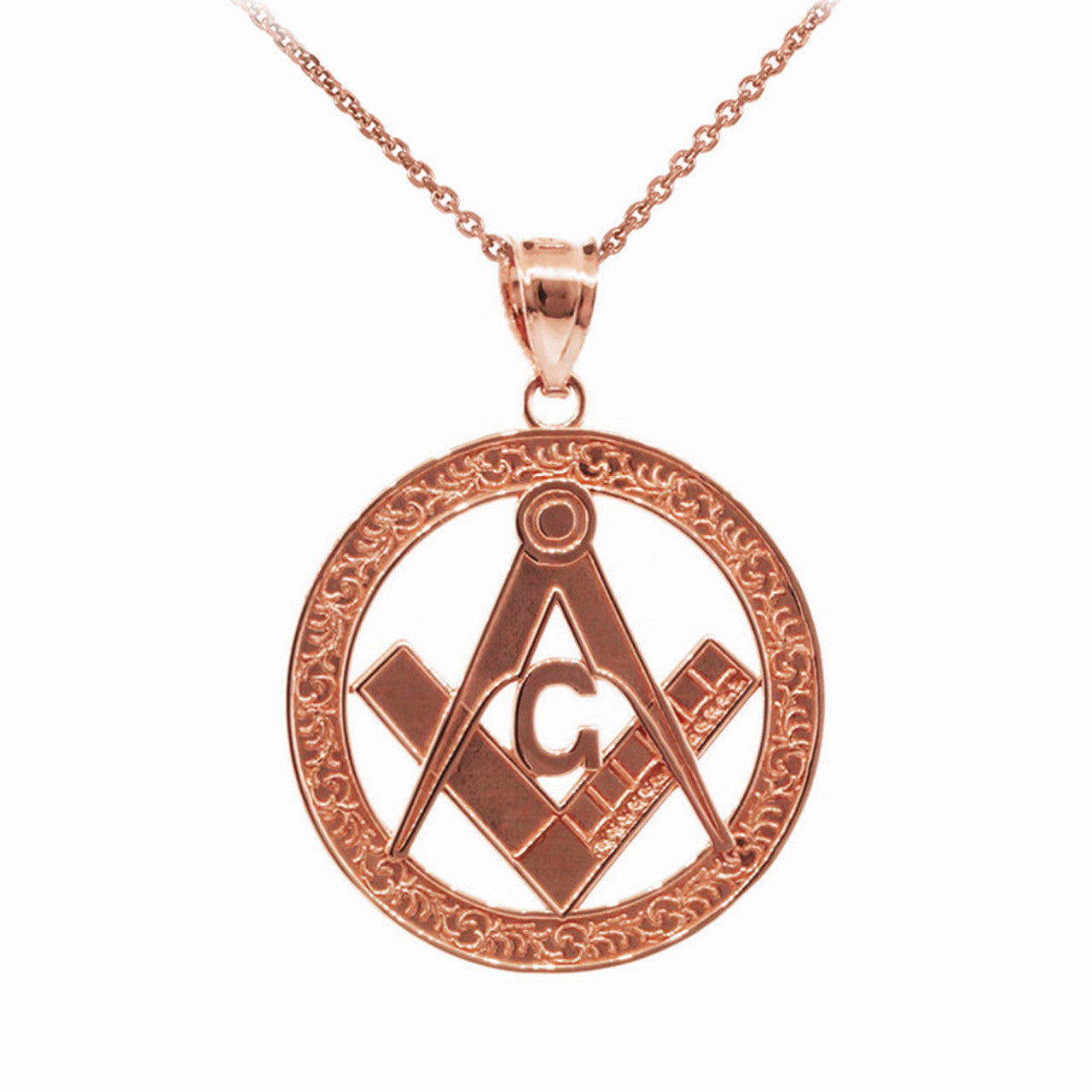 Gold Freemason Square & Compass Round Filigree Pendant Necklace (1.2