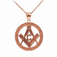 Gold Freemason Square & Compass Round Filigree Pendant Necklace (1.2
