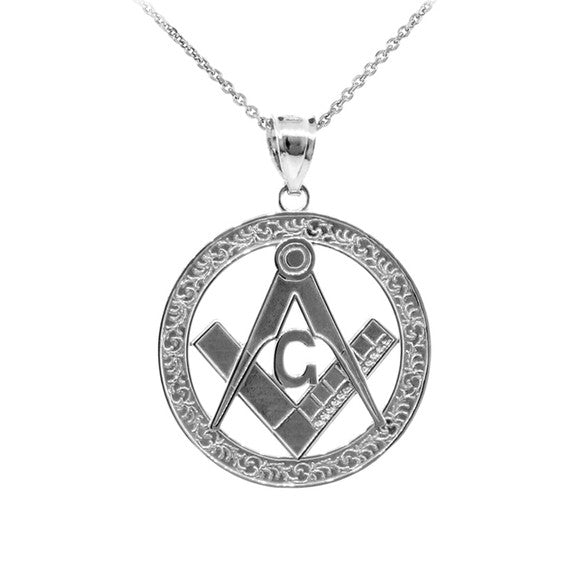 925 Sterling Silver Freemason Square & Compass Round Filigree Pendant Necklace (1.2