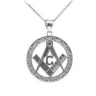 925 Sterling Silver Freemason Square & Compass Round Filigree Pendant Necklace (1.2