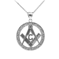925 Sterling Silver Freemason Square & Compass Round Filigree Pendant Necklace (1.2