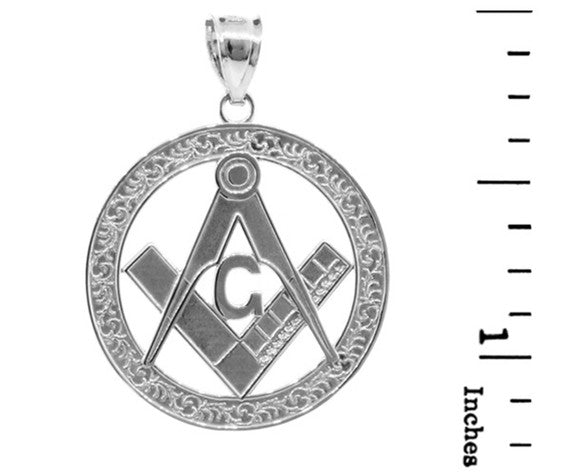925 Sterling Silver Freemason Square & Compass Round Filigree Pendant Necklace (1.2