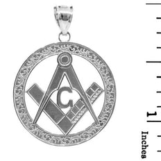 925 Sterling Silver Freemason Square & Compass Round Filigree Pendant Necklace (1.2