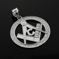 925 Sterling Silver Freemason Square & Compass Round Filigree Pendant Necklace (1.2