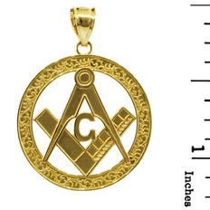 Gold Freemason Square & Compass Round Filigree Pendant Necklace (1.2