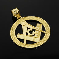 Gold Freemason Square & Compass Round Filigree Pendant Necklace (1.2
