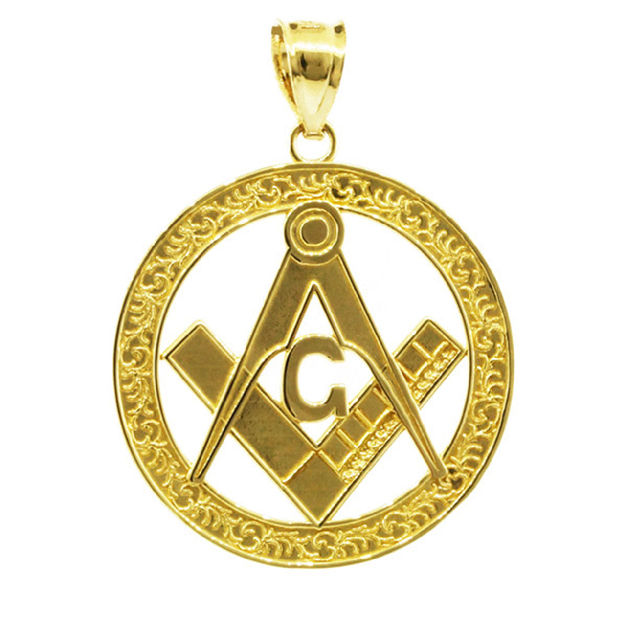 Gold Freemason Square & Compass Round Filigree Pendant Necklace (1.2
