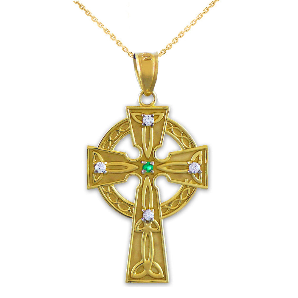 Gold Celtic Trinity Diamond Cross Pendant Necklace with Emerald