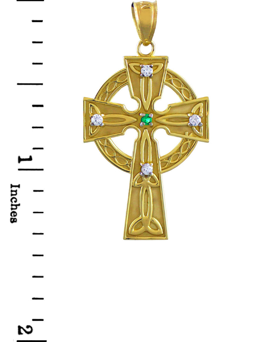 Gold Celtic Trinity Diamond Cross Pendant Necklace with Emerald