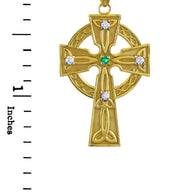 Gold Celtic Trinity Diamond Cross Pendant Necklace with Emerald