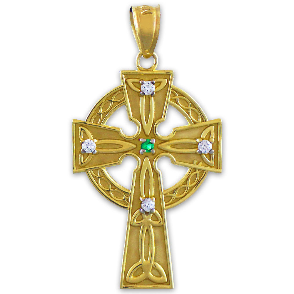 Gold Celtic Trinity Diamond Cross Pendant Necklace with Emerald