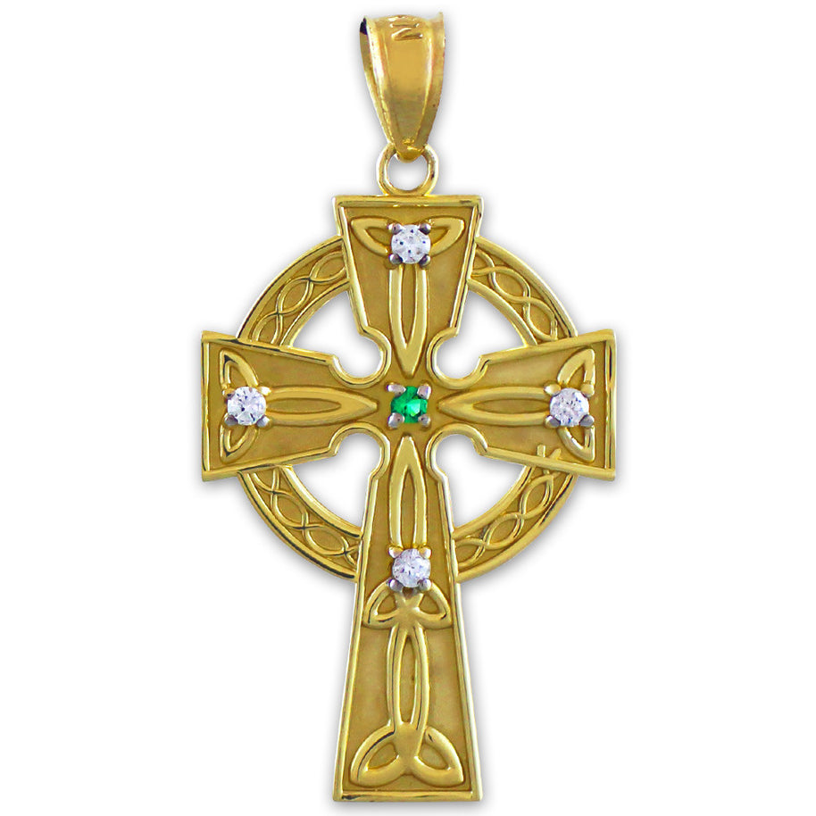 Gold Celtic Trinity Diamond Cross Pendant Necklace with Emerald