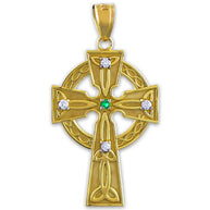 Gold Celtic Trinity Diamond Cross Pendant Necklace with Emerald