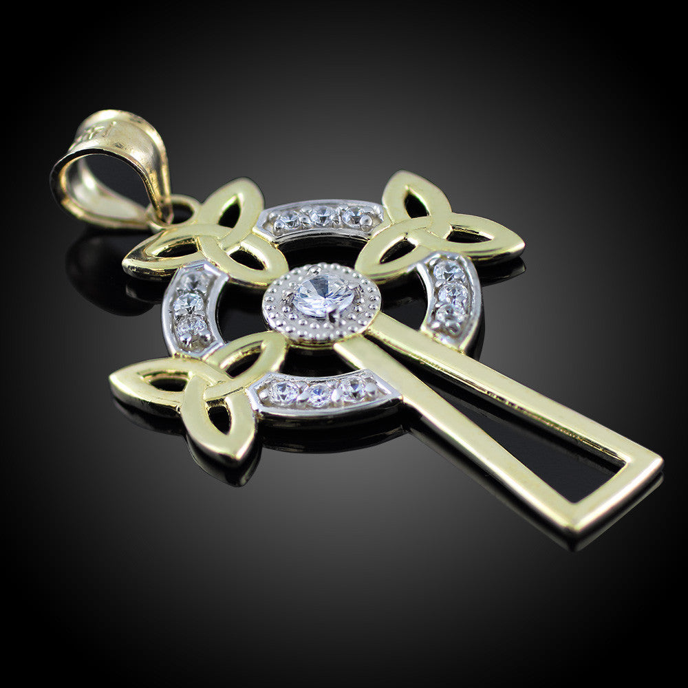 Two-Tone Gold Celtic Cross Trinity Knot Diamond Pendant Necklace