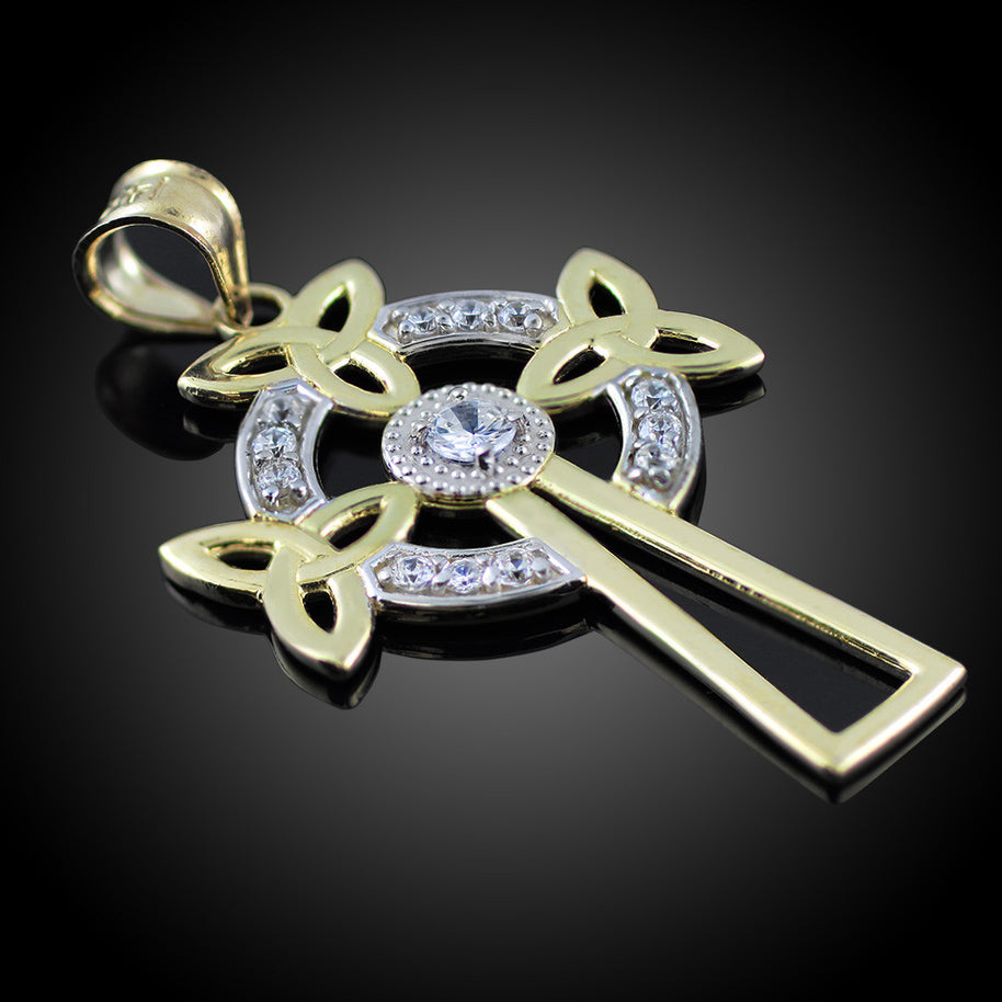 Two-Tone Gold Celtic Cross Trinity Knot Diamond Pendant Necklace