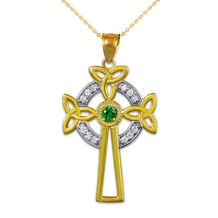 Two-Tone Gold Celtic Cross Trinity Knot Diamond Pendant Necklace with Emerald
