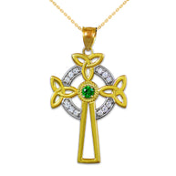 Two-Tone Gold Celtic Cross Trinity Knot Diamond Pendant Necklace with Emerald