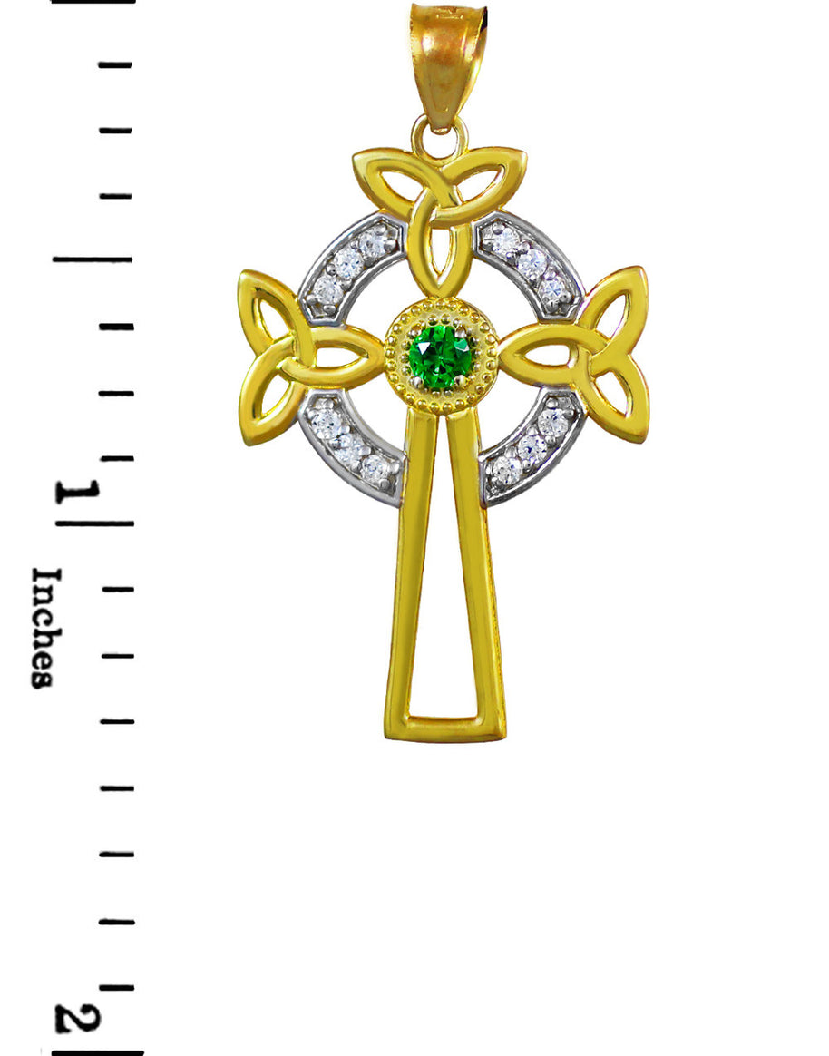 Two-Tone Gold Celtic Cross Trinity Knot Diamond Pendant Necklace with Emerald