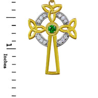 Two-Tone Gold Celtic Cross Trinity Knot Diamond Pendant Necklace with Emerald