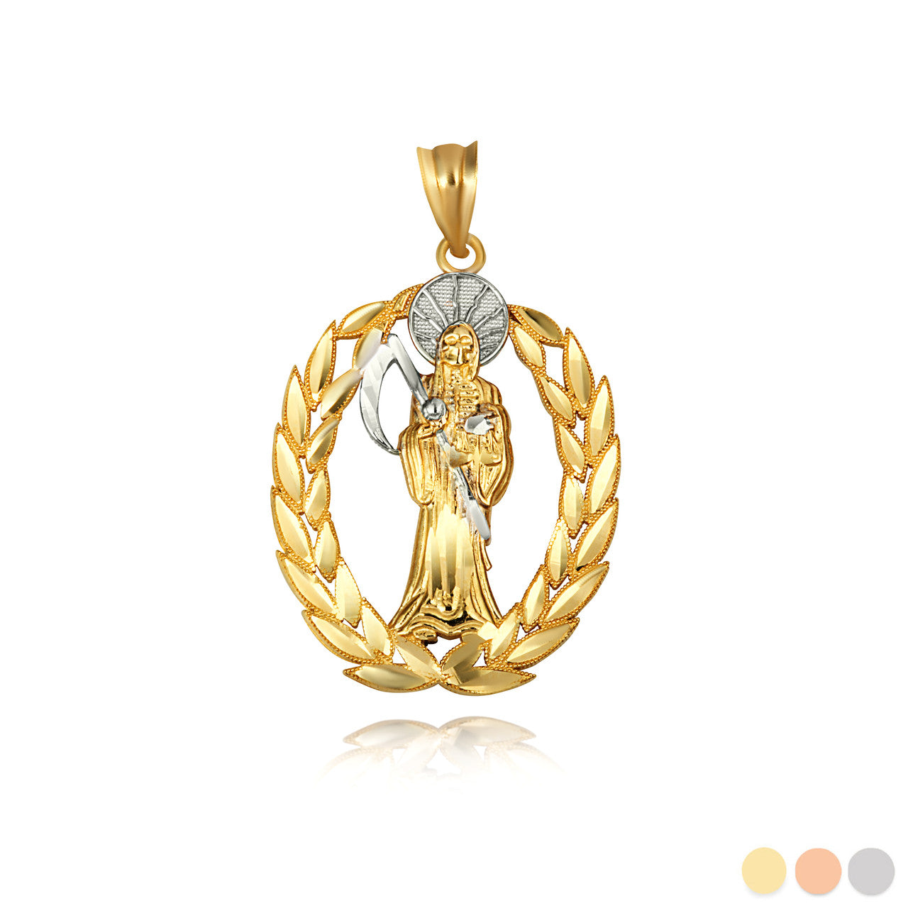 Gold Santa Muerte Greek Laurel Wreath Frame Pendant Necklace (Available in Yellow/Rose/White Gold)