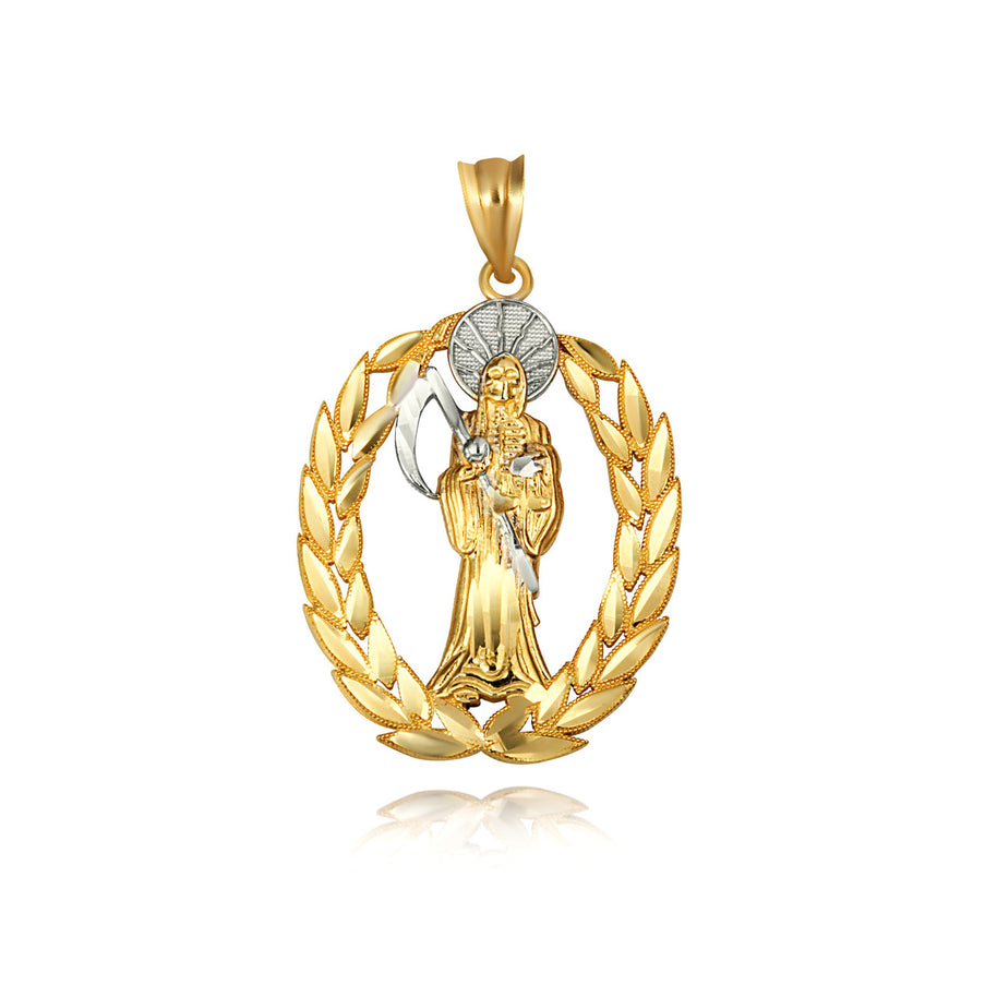 Gold Santa Muerte Greek Laurel Wreath Frame Pendant Necklace (Available in Yellow/Rose/White Gold)