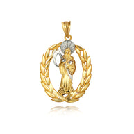 Gold Santa Muerte Greek Laurel Wreath Frame Pendant Necklace (Available in Yellow/Rose/White Gold)
