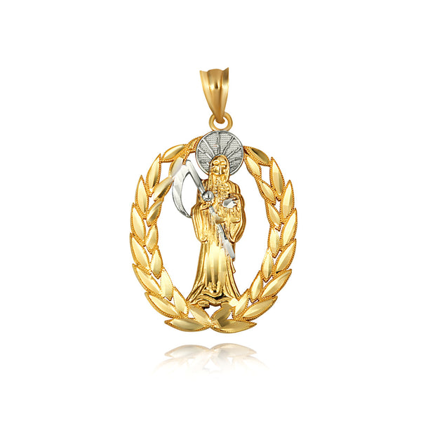 Gold Santa Muerte Greek Laurel Wreath Frame Pendant Necklace (Available in Yellow/Rose/White Gold)