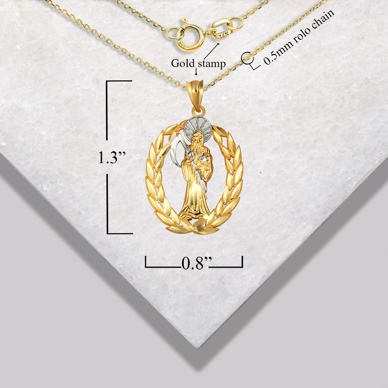 Gold Santa Muerte Greek Laurel Wreath Frame Pendant Necklace (Available in Yellow/Rose/White Gold)
