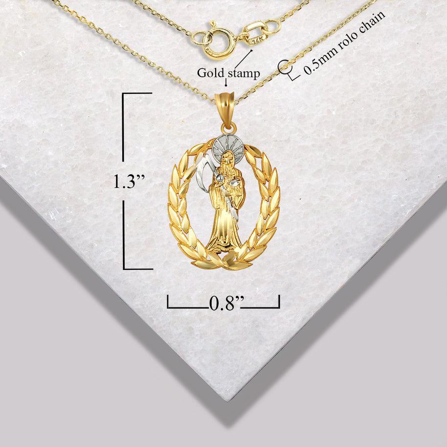 Gold Santa Muerte Greek Laurel Wreath Frame Pendant Necklace (Available in Yellow/Rose/White Gold)