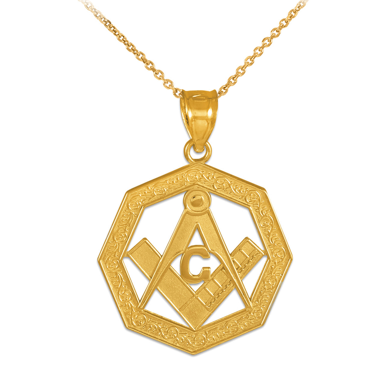 Yellow Gold Freemason Square & Compass Octagon Shaped Pendant Necklace